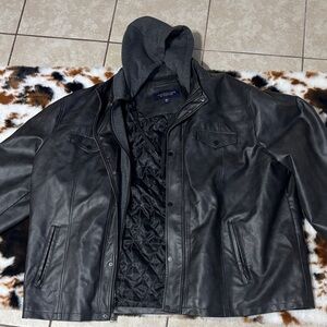 Roundtree & Yorke Black Leather Jacket with Hood